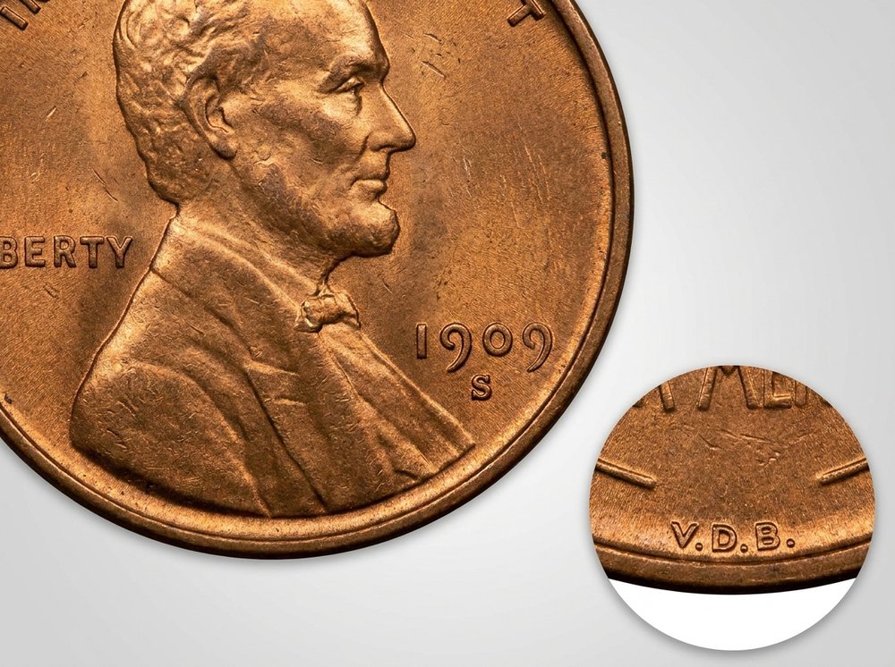 1909-S VDB Lincoln wheat cent obverse showing designer initials on reverse rim, bronze