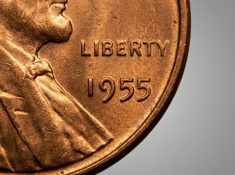 1955 doubled die obverse Lincoln cent showing dramatically doubled date and LIBERTY lettering, bronze