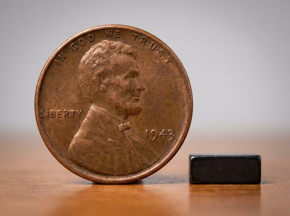 1943 bronze Lincoln cent error coin next to a magnet demonstrating non-magnetic copper composition test