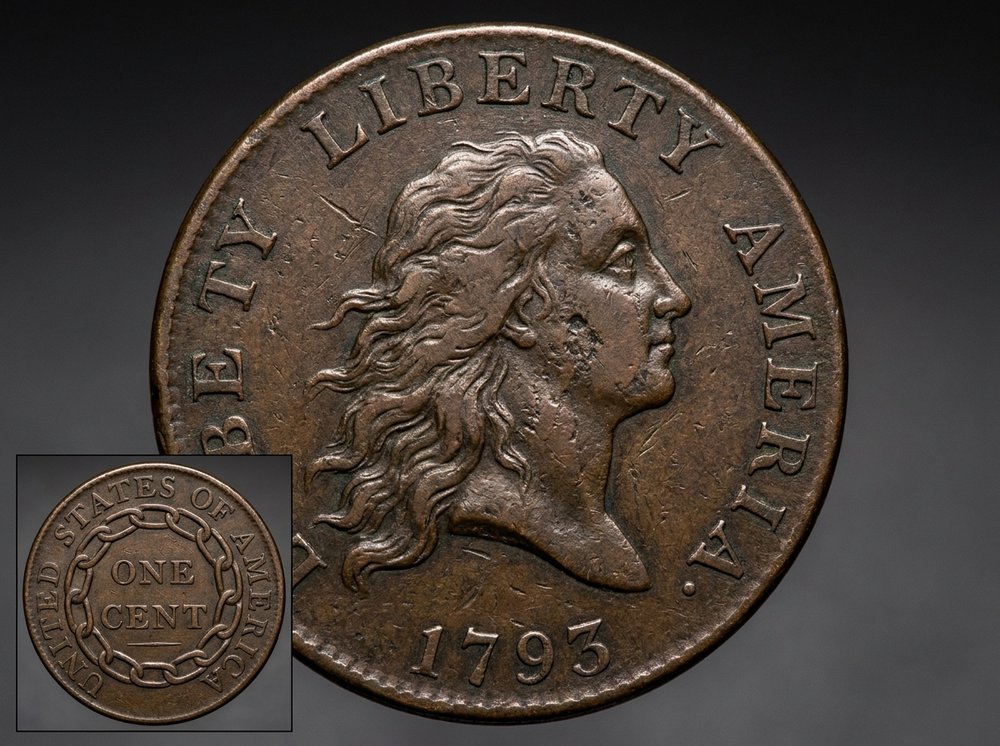 1793 Chain cent large copper coin obverse with Liberty head and chain link reverse detail, brown copper patina